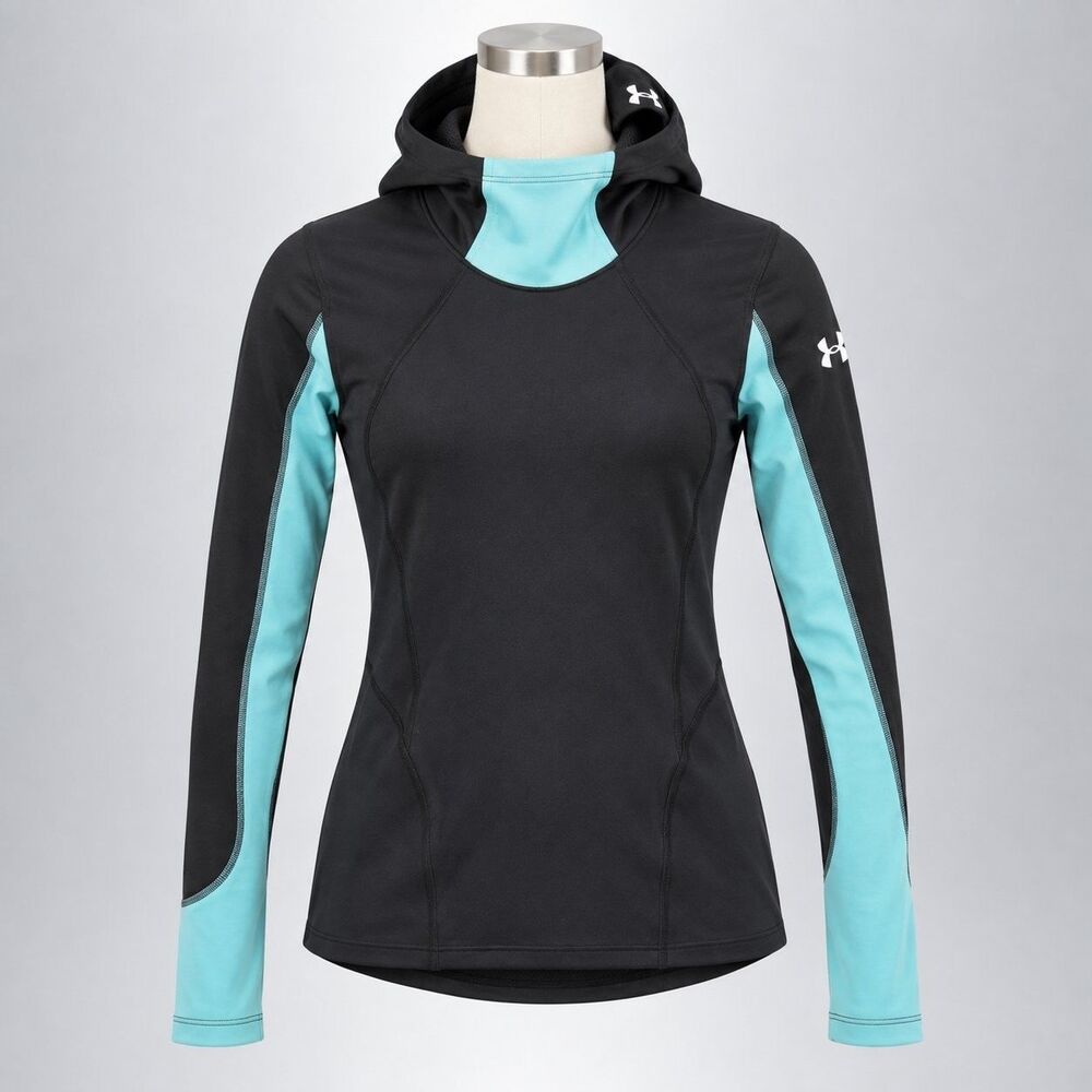 Under Armour Cold Gear Balaclava Hoodie Womens XS Black Teal Running Pullover